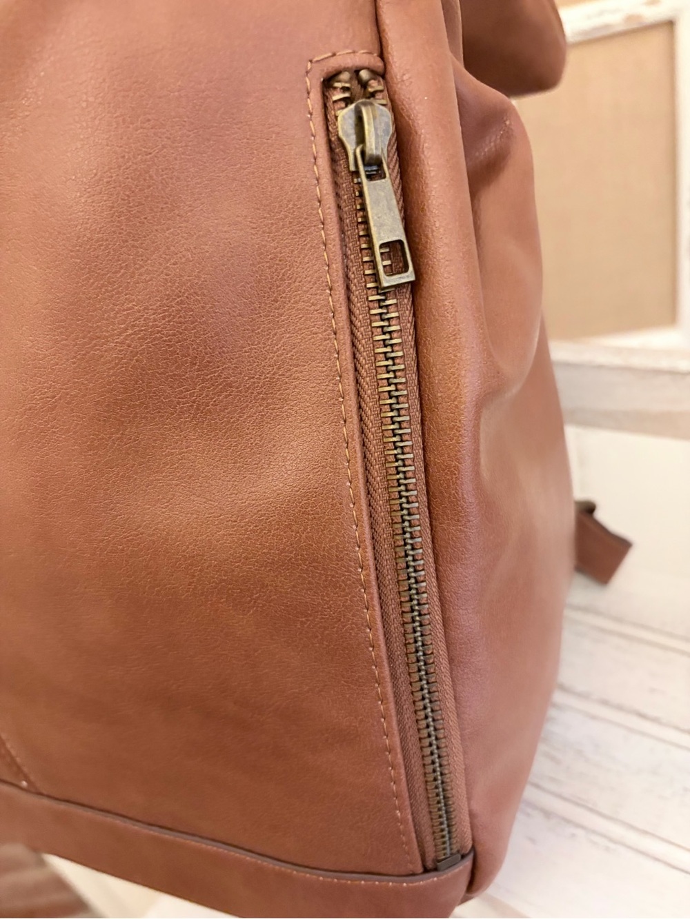 Frye & Co. NWT Cognac Foldover Backpack Faux Leather - Picture 5 of 12